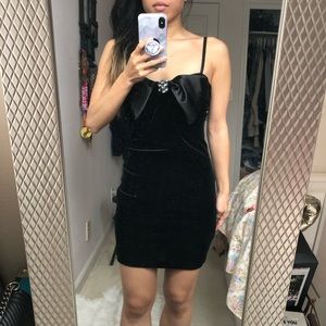 Black Velvet Dress with Bow and Gemstone Detail